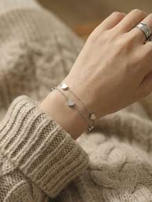 1pc Double-Layer Heart Chain | Tarnish-Resistant Gold Plating | Sweet Blogger Style Bracelet, Suitable As Gift For Girlfriends/Couples - Double Heart Bracelet - View 4