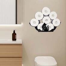 Charming Cat-Themed Toilet Paper Holder - Decorative Black Metal With Floral Accents, Wall-Mounted Or Freestanding For Bathroom, Holds 8 Rolls - A - View 2