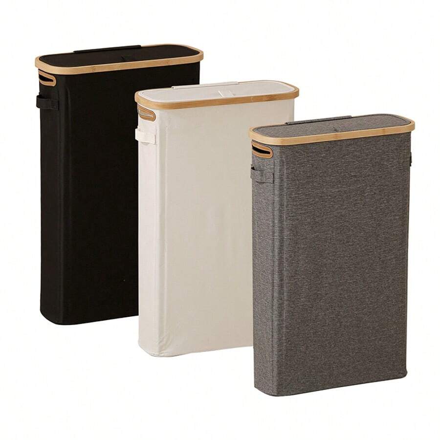 1 Giỏ đựng quần áo bẩn mỏng, hẹp có nắp tre, thùng đựng đồ bằng vải có thể gấp gọn dùng trong phòng tắm, hộp đựng giấy vệ sinh và quần áo cho không gian hẹp, có sẵn bộ 8 chiếc