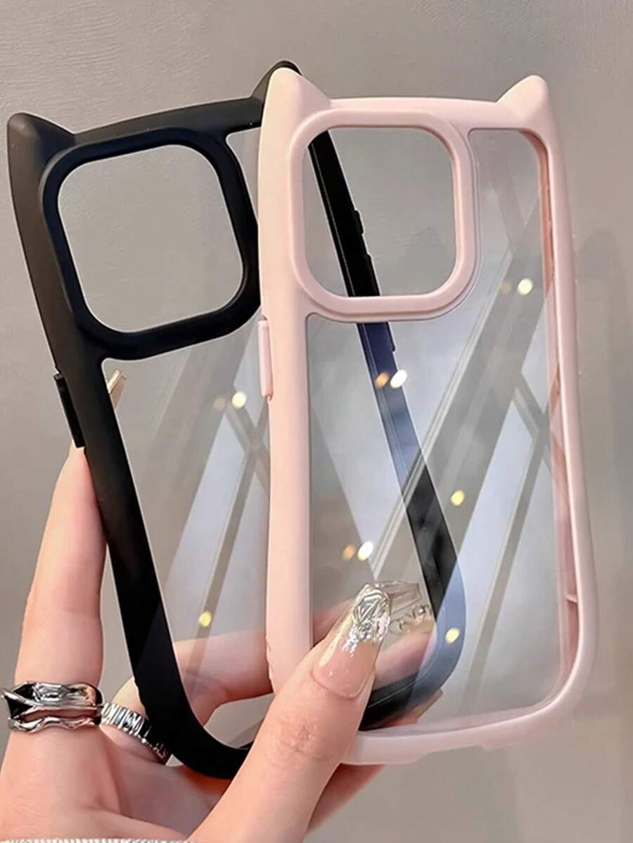 2pcs Pink & Black New Cat Ear 2-In-1 Soft Silicone Shockproof Phone Case Compatible With Iphone 17/17 Pro/17 Pro Max, 14 Pro Max, 13/XS/XR, 11/7 Plus/8 Plus/7/8, Fashionable Cartoon Protective Cover - Pink - View 1