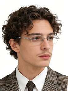 1PCElegant Semi-Rimless Metal Glasses For Women, Chain Link Temple Detail, Face Slimming Oval Frame, Office & Daily Wear - Silver - View 7