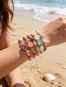 12pcs/Set Boho Style Tropical Jasmine Flower Shell Bead Bracelet Set, Suitable For Women. Colorful Hawaiian Jasmine Flower Decorated Adjustable Bracelet With Natural Shell And Acrylic Flowers, Summer Beach Holiday Accessory - Multicolor - View 8
