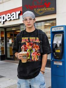 Disney Vintage Washed 230g Casual T-Shirt |  Nick Wilde Multiplication Fun Print Short Sleeve - 黑色 - 查看 1