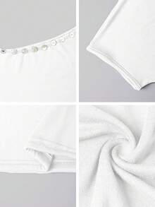 Vaiaye Women's Loose Casual Round Neck One-Shoulder T-Shirt, Shell Decor Slim Fit T-Shirt, Spring/Summer Open Shoulder Top White - White - View 11