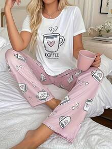 Only One T-Shirt Women's Coffee Short Sleeve Sleepshirt Nightclothes With Coffee Cup & Heart Print, Soft Breathable Top For Summer Casual Nightwear - 白色 - 查看 6
