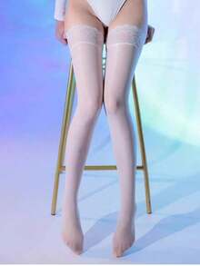 1 Pair Women Lace Silicone Anti Slip Over The Knee Socks, Sexy Oily Thigh Socks, Reflective Long Tube Socks - 白色 - 查看 6