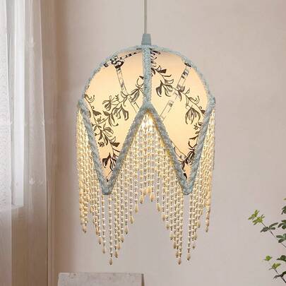 Vintage Blue & White Floral Pendant Lamp With Beaded Tassels, Celling Lamp/Chandelier French Romantic Style Lampshade For Bedroom Living Room(Without Lamp Bulb)