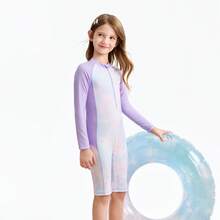 Annil 新款儿童高弹力疏水渐变泳衣，适合中小学生，保守长袖连体泳衣 - 紫調花 - 查看 9