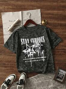2026夏季新款女式休闲宽松圆领复古做旧星形印花流苏设计街头时尚百搭水洗短袖T恤 黑色 - 黑色 - 查看 3