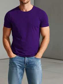 Men's 100% Cotton T-Shirt, Casual Wear, Suitable For Vacations And Workouts, Minimalist Design, No Print. - 紫色 - 查看 1