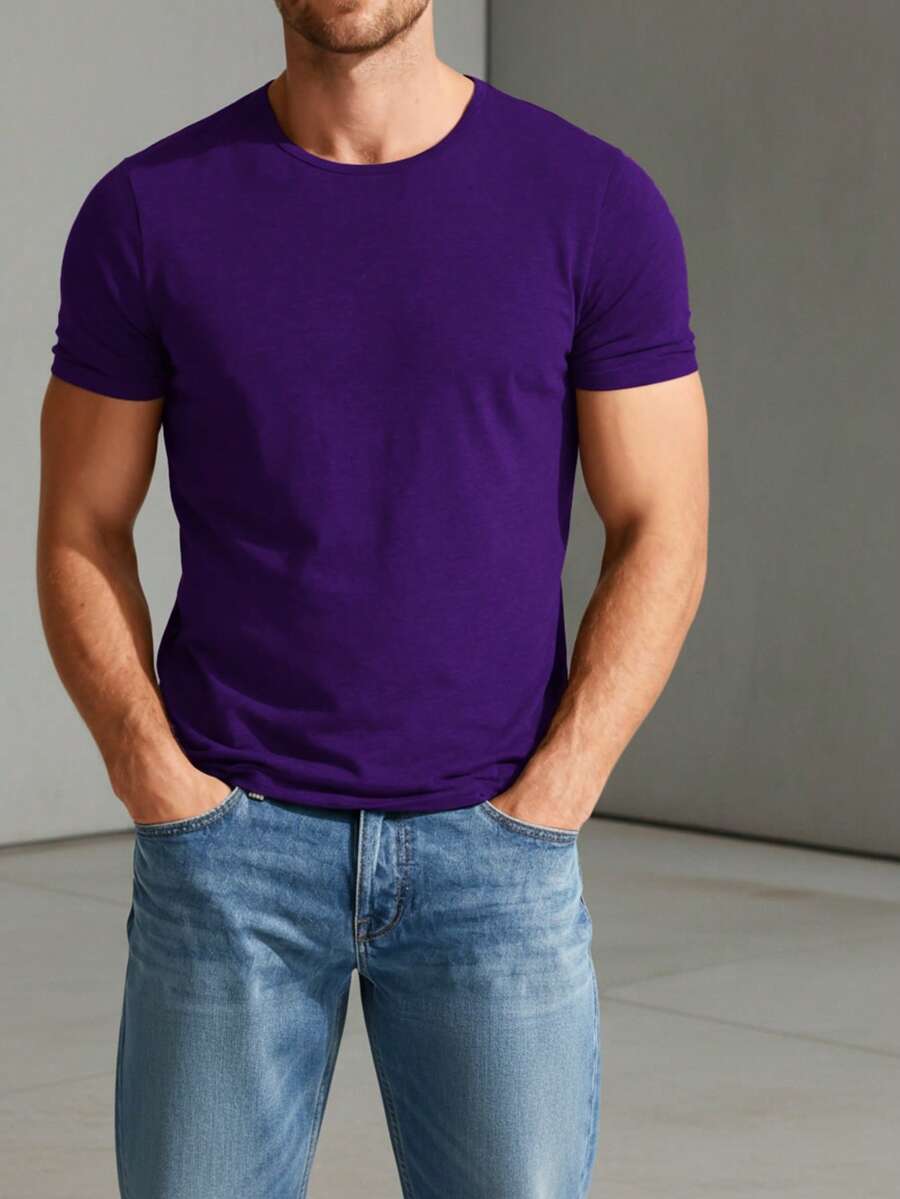 Men's 100% Cotton T-Shirt, Casual Wear, Suitable For Vacations And Workouts, Minimalist Design, No Print. - 紫色 - 查看 1