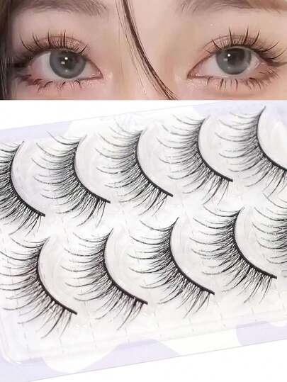 5对水晶装饰自然款假睫毛，卡通仙女风格，全条假睫毛，适合初学者