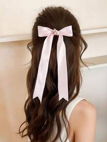 1pc Girls' Solid Satin Long Ribbon Hair Clip, Cute Bow Design With Pearls And Rhinestones, Suitable For All Seasons And Occasions - Multicolor - View 3