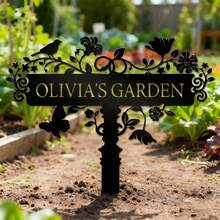 1pc Personalized Floral Design Garden Sign, Customized Garden Stake With Bird, Metal Yard Art For Outdoor Decoration, Personalized Name Mother's Gift, Gardening Gift, Housewarming Garden Bloom - Multicolor - View 2