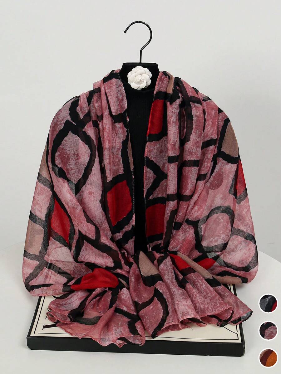 1条女士新款巴厘岛风格几何不规则印花围巾，优雅时尚的薄款防晒围巾，多功能柔软披肩围巾，日常晚装外套，旅行海边遮阳披肩，摄影服饰及节日礼物 - 彩色 - 查看 1