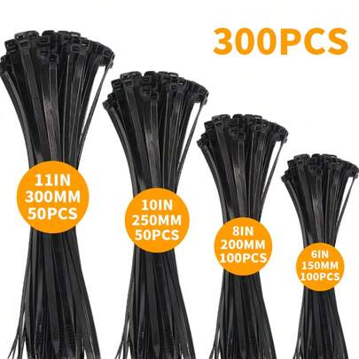 300pcs Black Nylon Cable Ties, Multi-Size 150/200/250/300mm, Multi-Purpose Gardening Binding & Organizing Tool