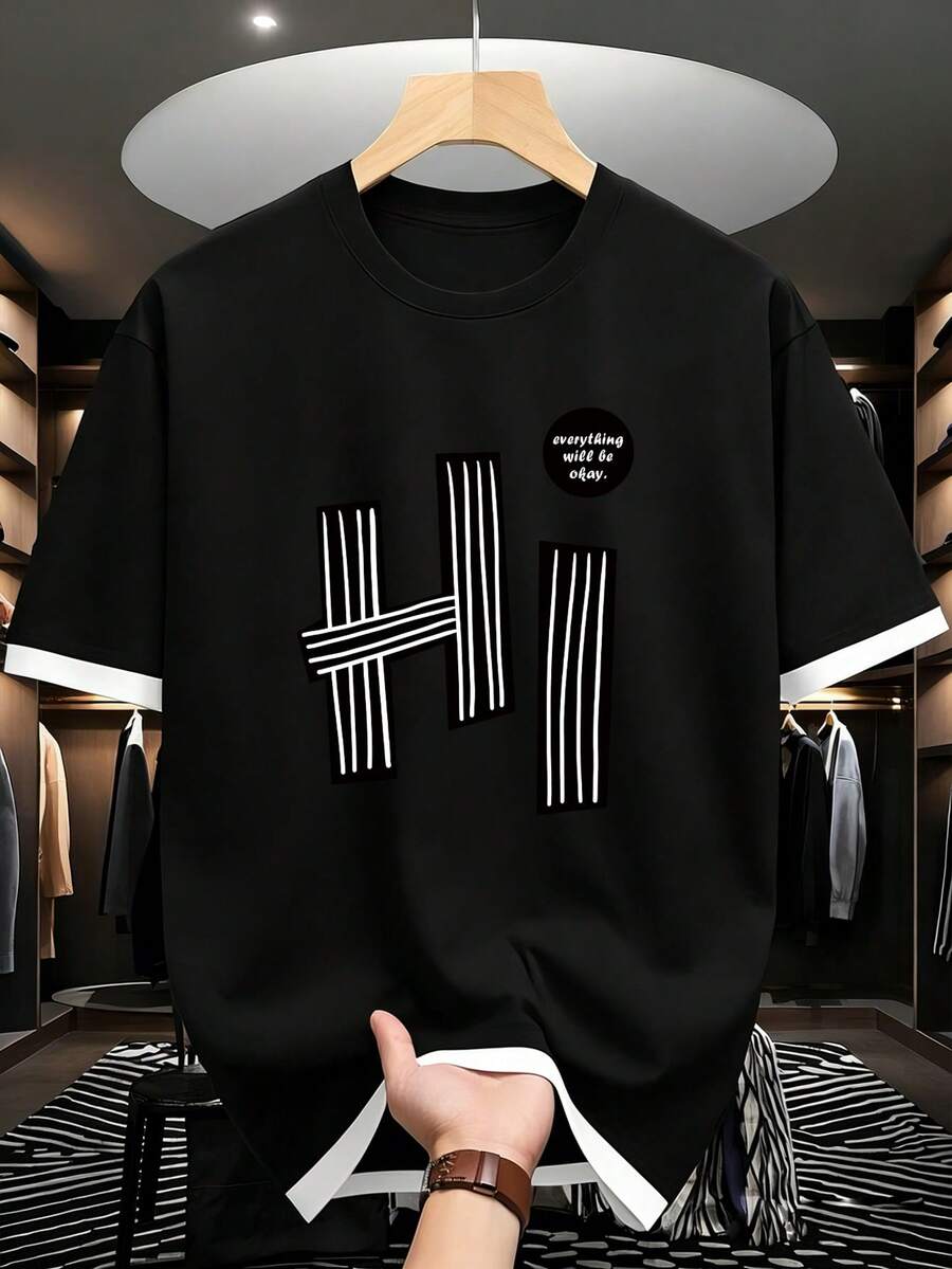 Camiseta de manga corta con estampado "Hola" versátil y de moda para hombres, adecuada para actividades casuales y deportivas durante todo el año - Negro - Ver 1