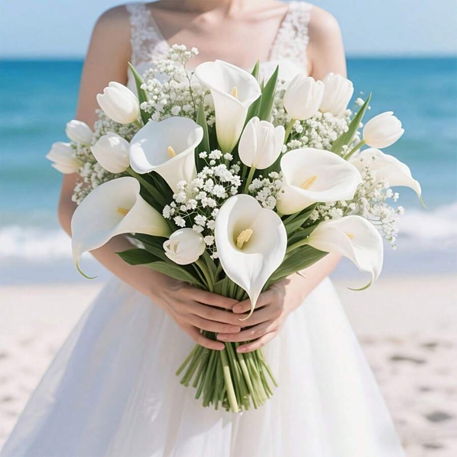 50 pièces Ensemble de fleurs artificielles Tulipe + Calla Lily + Gypsophile, convient pour diverses décorations de festivals et de tombes saisonnières, maison, extérieur, salon, mariage, Saint-Valentin, Fête des Mères Décoration de centre de table - Multicolore - Voir 1