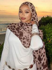 1件新款热销印花水彩头巾，高级渐变大理石水纹印花，优雅女士头巾，柔软材质，多功能防晒/防风头巾披肩，适合日常生活/节日派对/宴会等场合，阿巴雅长袍配饰 - 咖啡棕 - 查看 4