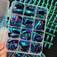 144pcs Chameleon False Nails Green Blue Purple Holographic Gradient Glossy Short Square Press On Nails DIY Full Cover Wearable Fake Nail Cool Y2k Style Manicure - Multicolor - View 8