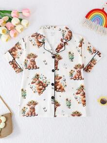 2pcs/Set Girls' Casual Funny Highland Cow Print Polo Collar Short Sleeve Cardigan And Shorts Pajama Set, Flame Retardant, All Season - Apricot - View 4