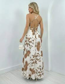 Women's Long Dress With Leaf Print, Crossed Straps, Casual, Summer, Tropical - 白色/棕色 - 查看 3
