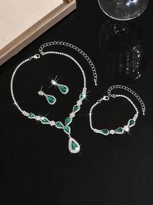 Bộ trang sức bạc 3 món, gồm dây chuyền hình chữ V đính pha lê giọt nước, bông tai và vòng tay hình giọt nước, thiết kế bắt mắt, phụ kiện cưới/dạ hội, quà tặng Lễ Tạ ơn/tốt nghiệp. - màu xanh lá - Xem 3