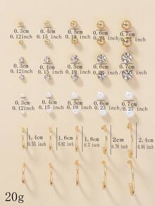 20pcs Set Minimalist Faux Pearl Rhinestone Metal Multi-Size Fashion Stud Earrings, Suitable For Daily Wear And Gifting - Yellow Gold - View 6