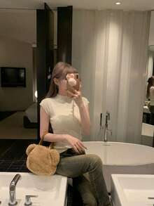 韩式简约百搭半高领修身针织上衣 夏季 - 杏色 - 查看 2