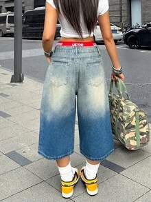 Quần jean Bermuda ống rộng có túi họa tiết râu mèo kiểu vintage Y2K, quần lửng casual, trang phục mùa thu hè. - Màu xanh chuyển sắc - Xem 2