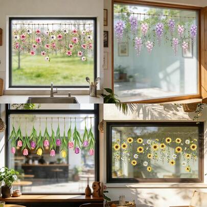 1pc Floral Window Film, Hanging Sunflower And Daisy Vine Pattern, Removable Static Cling Sticker, Suitable For Living Room, Bedroom, And Kitchen Windows, Plant And Floral Home Decoration.