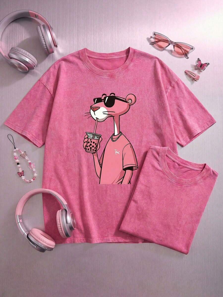 The Latest American-Style 100% Cotton T-Shirt Suitable For Both Men And Women. Featuring A Fun Retro Pink Leopard Print Cartoon Letter Pattern. This Is A Street-Style Korean Version Of Comfortable And Retro Fashion For Daily Commuting And Versatile Clothing That Fits The Y2k . It Is A Regular, Niche Punk-Style Black Round-Neck Short-Sleeved Washed T-Shirt With A Relaxed Fit. This Is A Washed Retro Series Of Comfortable Cotton T-Shirts, Easily Creating Retro Casual Clothing. It Is Suitable For Daily Commuting, Casual Outings, Music Festivals, And Daily Wear. Classic Retro Style. Men's Printed T-Shirt, Women's Printed T-Shirt, Couple's Outfit. - 玫紅色 - 查看 1