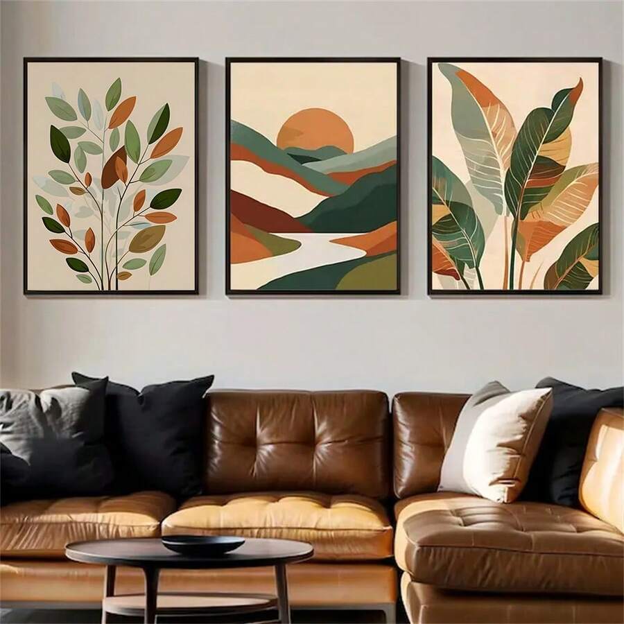 1/3幅色彩鲜艳的树叶与日落风景墙画海报，抽象多彩复古中世纪波西米亚风格帆布印刷品，适用于客厅、卧室、家庭办公室、宿舍墙面装饰，可选配画框。 - 彩色 - 查看 1