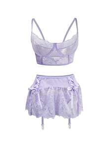 3pcs Lavender Lace Women's Lingerie Set - Mauve Purple - View 8