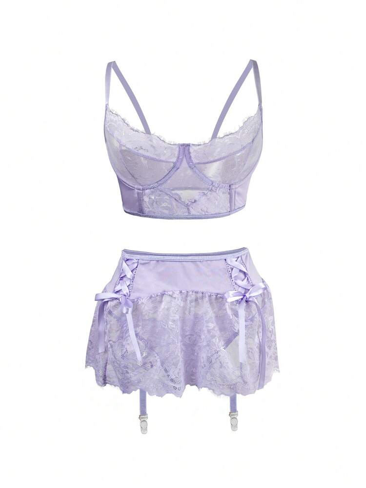 3pcs Lavender Lace Women's Lingerie Set - Mauve Purple - View 7