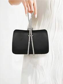 YMI STYLE Classic Elegant Satin Box Clutch, Sparkling Luxury Crystal Embellished Handbag, High-End Design Glittering Crystal Evening Bag Suitable For Galas, Birthdays, Parties, Weddings, Comes With Chain - Black - View 2