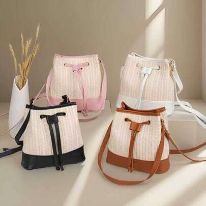 Summer Refreshing Colorblock Woven Bucket Bag - New Drawstring Bucket Bag - Artistic Girl Crossbody Bag