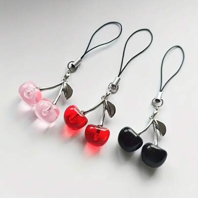 防震细绳 1 件装 新鲜甜美的樱桃吊坠 创意逼真的水果吊坠 手机壳和手机绳吊坠 送给女孩的小礼物 手机装饰挂绳装饰 有趣的设计 做工精细 春季礼物