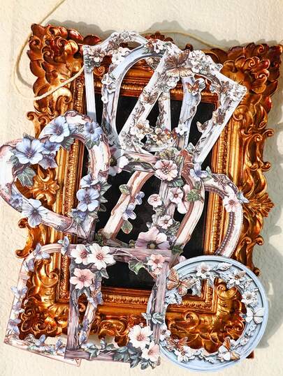 10pcs/Pack Vintage Floral Frame Stickers, Creative Aesthetic Decorative Stickers, DIY Scrapbooking Craft Materials, Holiday Gifts, Personalized Stationery Supplies (6 Assorted Designs)