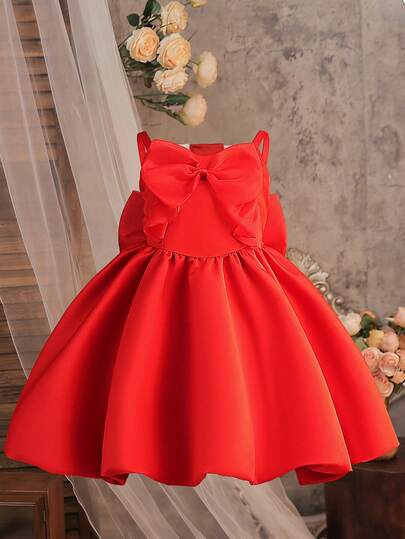 Young Girls' Satin Elegant Bowknot Backless Bow Decor Puffy Princess Dress, Suitable For Wedding, Birthday Party, School Celebration, Graduation Formal, Does Not Include Headband