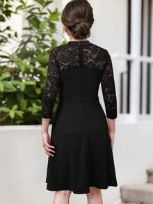 Tween Girl Elegant Lace Spliced 3/4 Sleeve Party Dress - Black - View 2