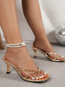 女士方头细高跟金色人字拖凉鞋，性感时尚派对闪亮金色高跟鞋 - 金色 - 查看 3