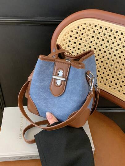 Túi xách nữ kiểu dáng xô, phối màu thời trang mới, khóa kim loại trang trí, chất liệu PU, đa năng, dung tích lớn, phù hợp cho việc đi làm, mua sắm và đi lại hàng ngày.