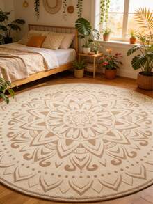 1 pieza Alfombra de área floral redonda beige, de lana sintética, alfombra espesa y esponjosa, alfombra de otoño/invierno, alfombra decorativa, decoración de dormitorio, alfombra pequeña, alfombra, decoración del hogar, alfombra de sala de estar, alfombra pequeña de sala de estar, alfombra de dormitorio, decoración del hogar de sala de estar, alfombra de exterior, alfombra lavable - Multicolor - Ver 4