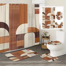 1/4pcs Bohemian Geometric Shower Curtain Set, Brown/White/Beige Polyester Shower Curtain, Bathroom Set With Bath Mat, Toilet Lid Cover - Machine Washable, Waterproof, Seasonal, Bathroom Window Curtain Shower Curtain Set - A - View 3