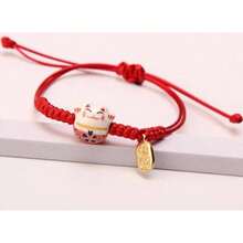 Ceramic Cat Couple Braided Bracelet, Handmade Lucky Cat Red String Bracelet, Cute Japanese Style Girlfriend Gift - Red Ceramic Cat - View 5