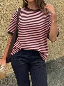Vaiaye Women's Loose Round Neck Casual T-Shirt, Striped Patchwork Minimalist Fitted Contrast Color Short Sleeve T-Shirt, Suitable For Daily Wear, Work Commute, And Home Pink Summer - Pink - View 8