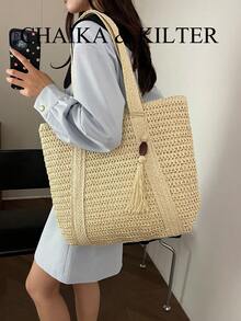 CHAIKA & KILTER 纯色单肩包，女士度假休闲大容量手提包，沙滩包，镂空草编，双提手设计，拉链封口，适合日常通勤和度假（附赠吊坠） - 米色 - 查看 7