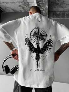 Camiseta casual de manga corta y cuello redondo con estampado de águila, ligera para hombre, de verano - Blanco - Ver 1