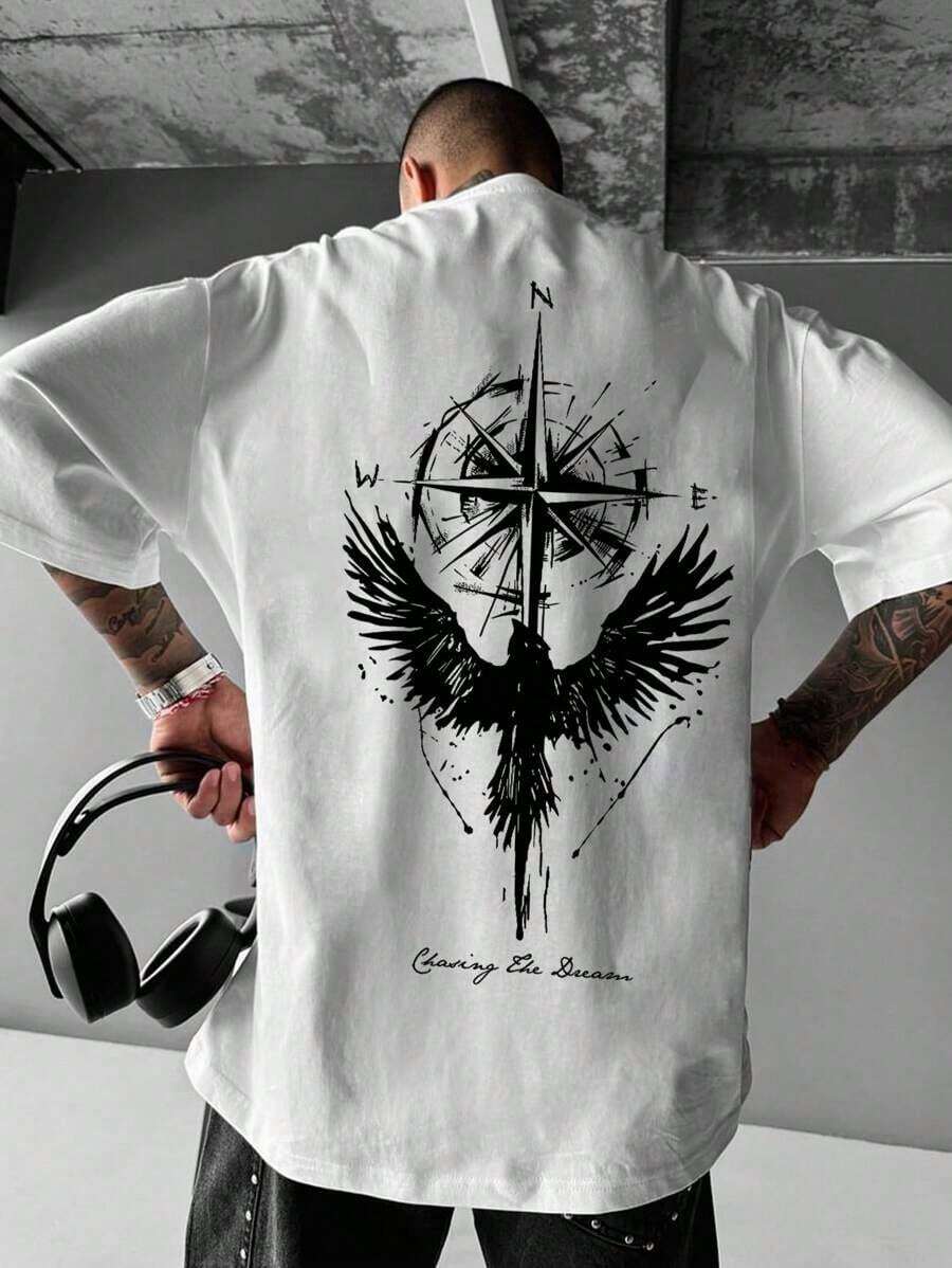 Camiseta casual de manga corta y cuello redondo con estampado de águila, ligera para hombre, de verano - Blanco - Ver 1